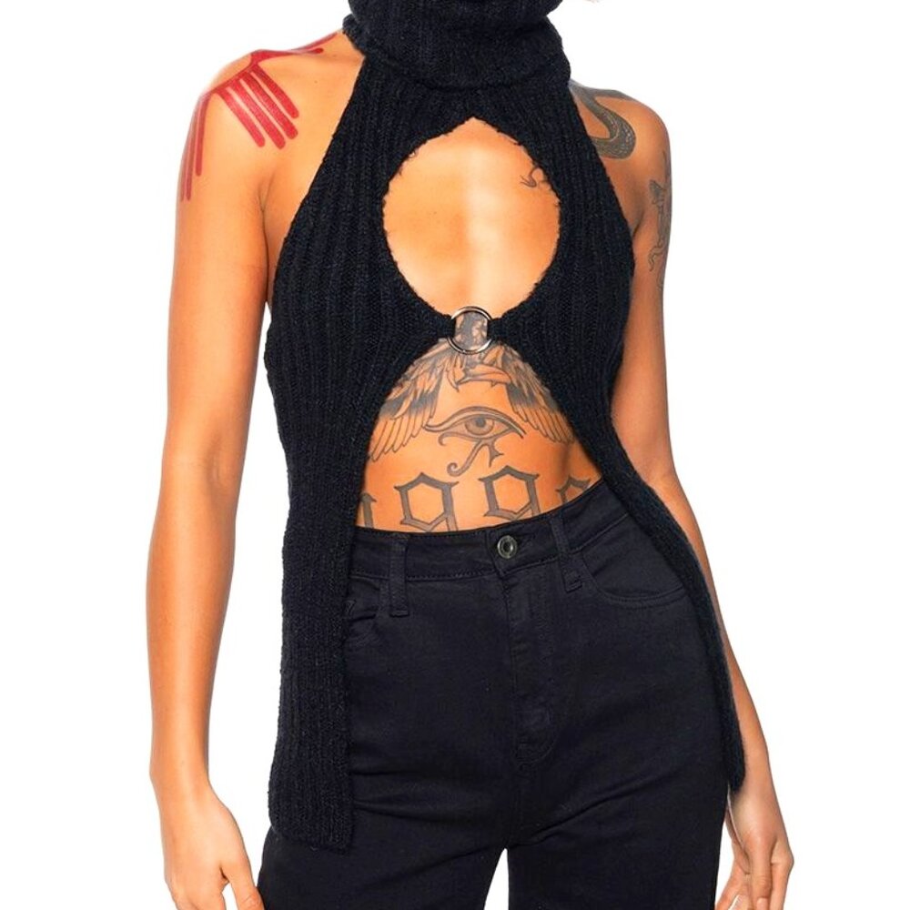 Callie Lives Xena Black:  Cut Out O-Ring Turtleneck Knit Halter Top small
